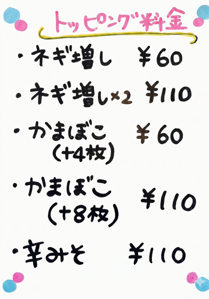 トッピング料金：ネギ増し60円、ネギ増し×2 110円、かまぼこ（+4枚）60円、かまぼこ（+8枚）110円、辛みそ110円
