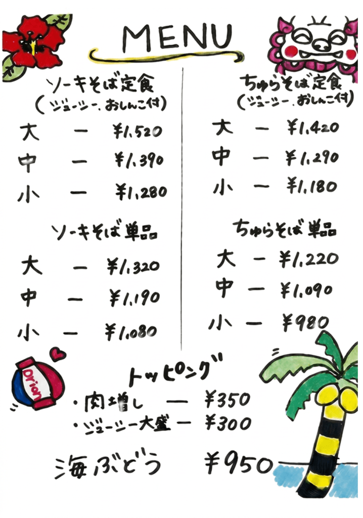 ソーキそば定食（1,280円〜1,520円）、単品（1,080円〜1,320円）、ちゅらそば定食（1,180円〜1,420円）、単品（980円〜1,220円）。トッピングは肉増し350円、ジューシー大盛300円。海ぶどう950円。